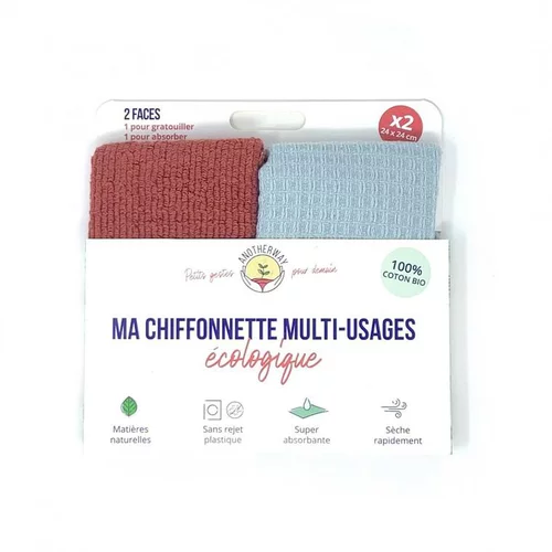 Chiffonnettes réutilisables bio coloris bleu et rouge Anotherway - lot de 2 – 24 x 24 cm