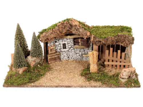 Crèche vide avec mur et grange coloris beige en bois - 16 x 12 x 7 cm