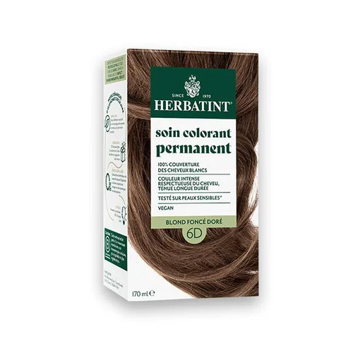 Coloration permanente pour cheveux blond foncé 6D aux extraits végétaux biologiques vegan Herbatint - 170 ml