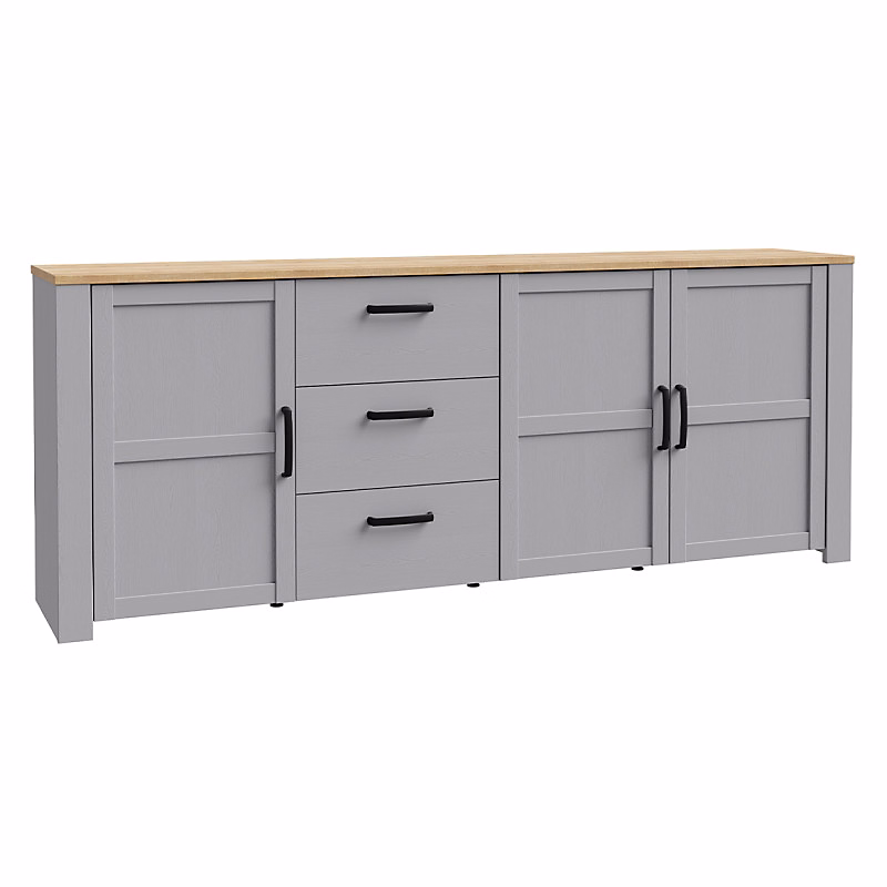 Buffet L221 cm décor chêne et gris clair avec poignées noir – ANTIBES