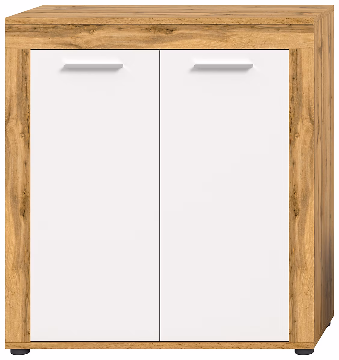 Aosta – Buffet haut en mélaminé blanc et chêne, L/H/P 80 × 88 × 35