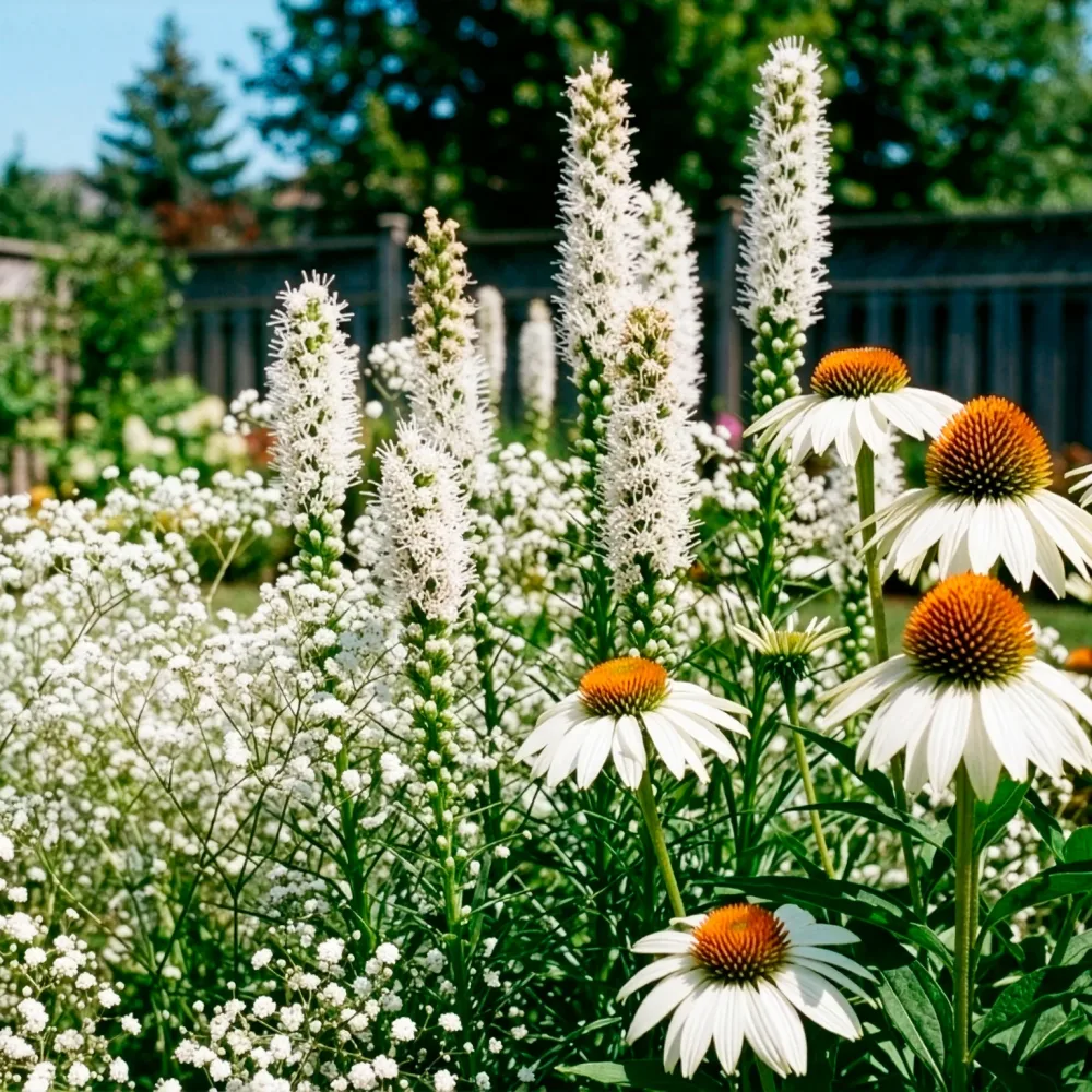 Vivaces à fleurs Blanches Gyspsophila, Liatris, Echinacea
