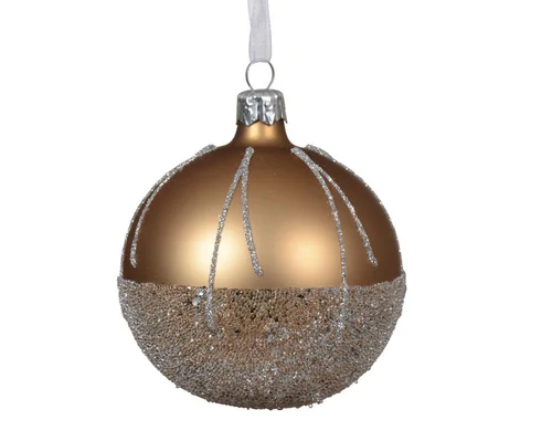 Boule de Noël ballotine en verre à lignes et paillettes brun noix de pécan - Ø 8 cm