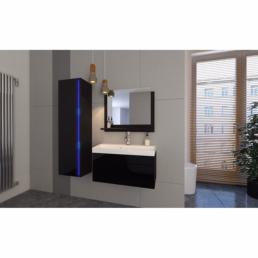 Ensemble meubles de salle de bain noir collection BIRD – colonne, meuble sous vasque 80 cm, miroir