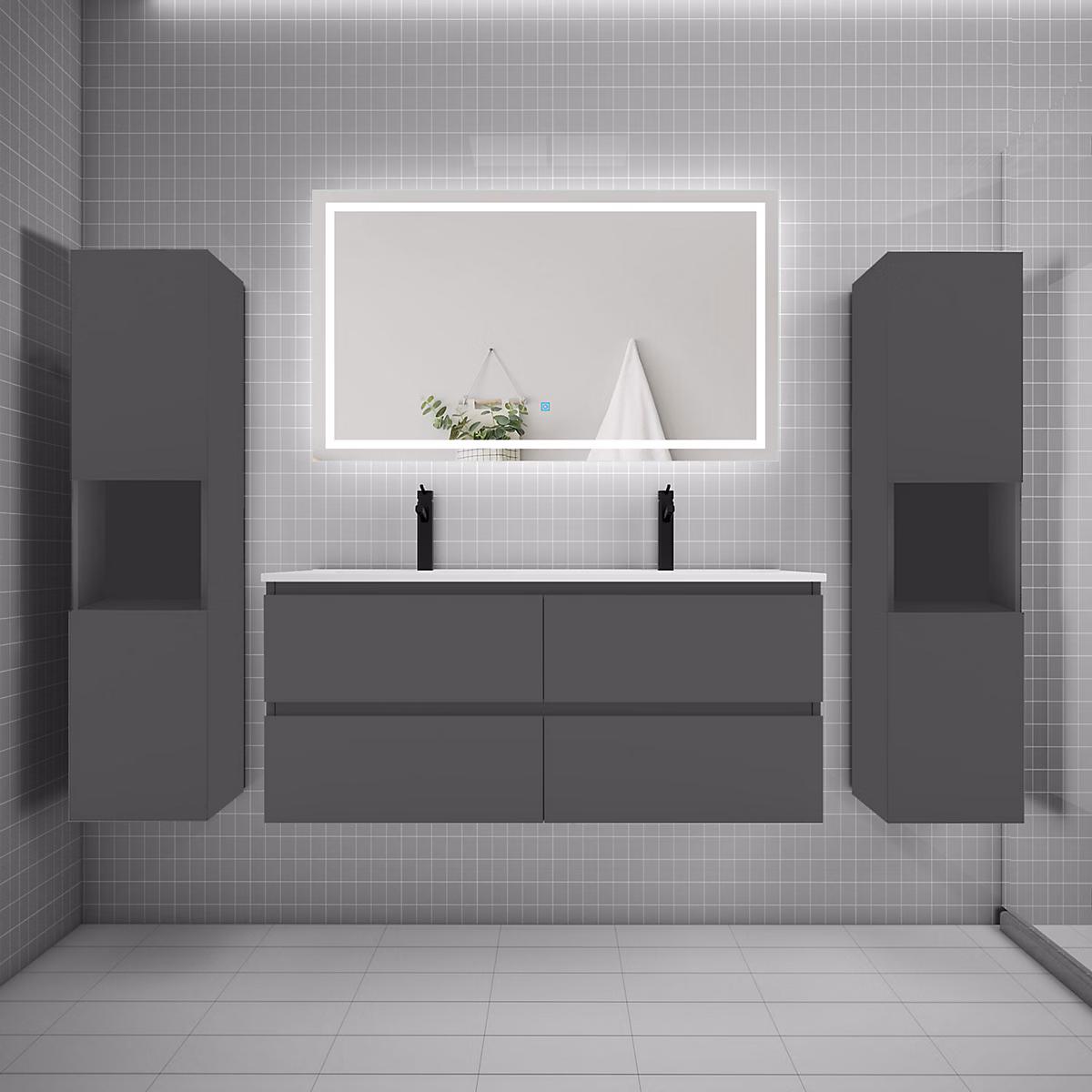 Ensemble meuble double vasque L.120cm + lavabo + LED miroir + 2 colonne – anthracite B