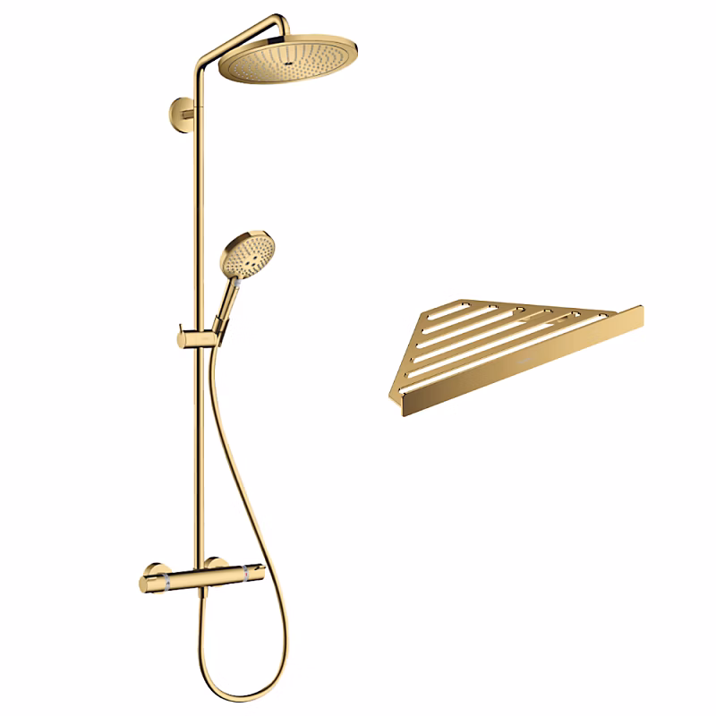 Colonne de douche thermostatique HANSGROHE Croma Select S 280 aspect doré poli + tablette AddStoris – Réf. WEWGUUSRM6809856609