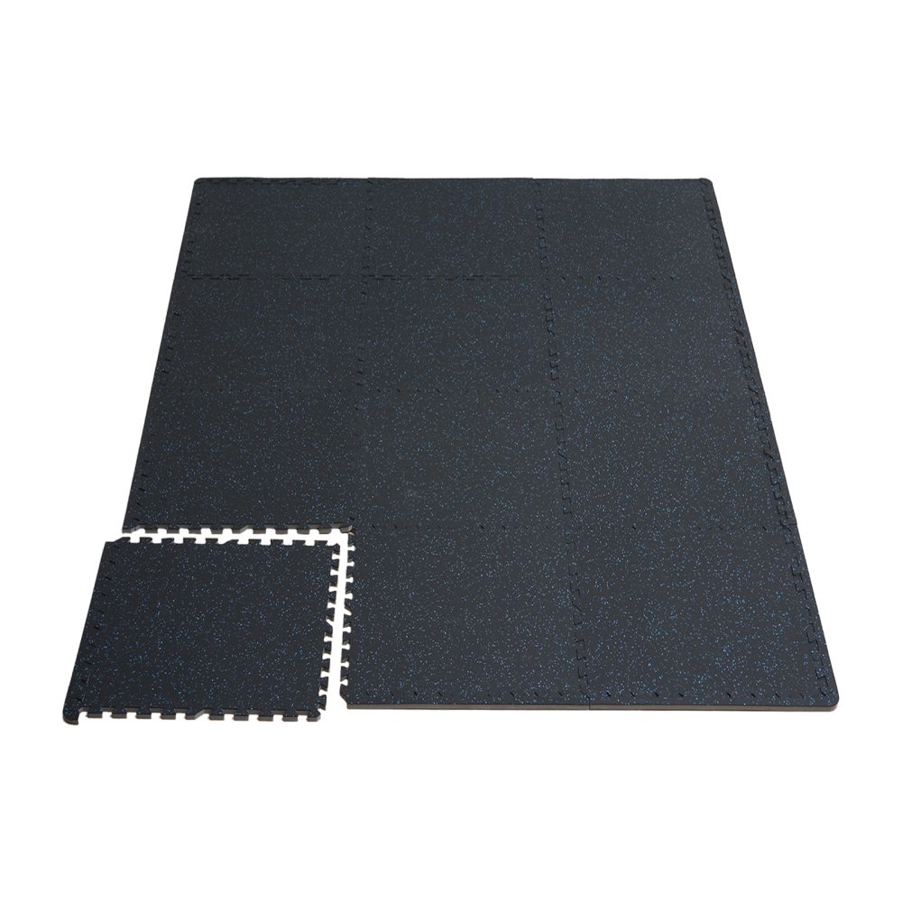 SucceBuy Tapis sol salle de sport 25 carreaux 24"x24", EVA/caoutchouc. Pour gymnastique maison/garage. Noir/bleu. – Aménagement du jardin