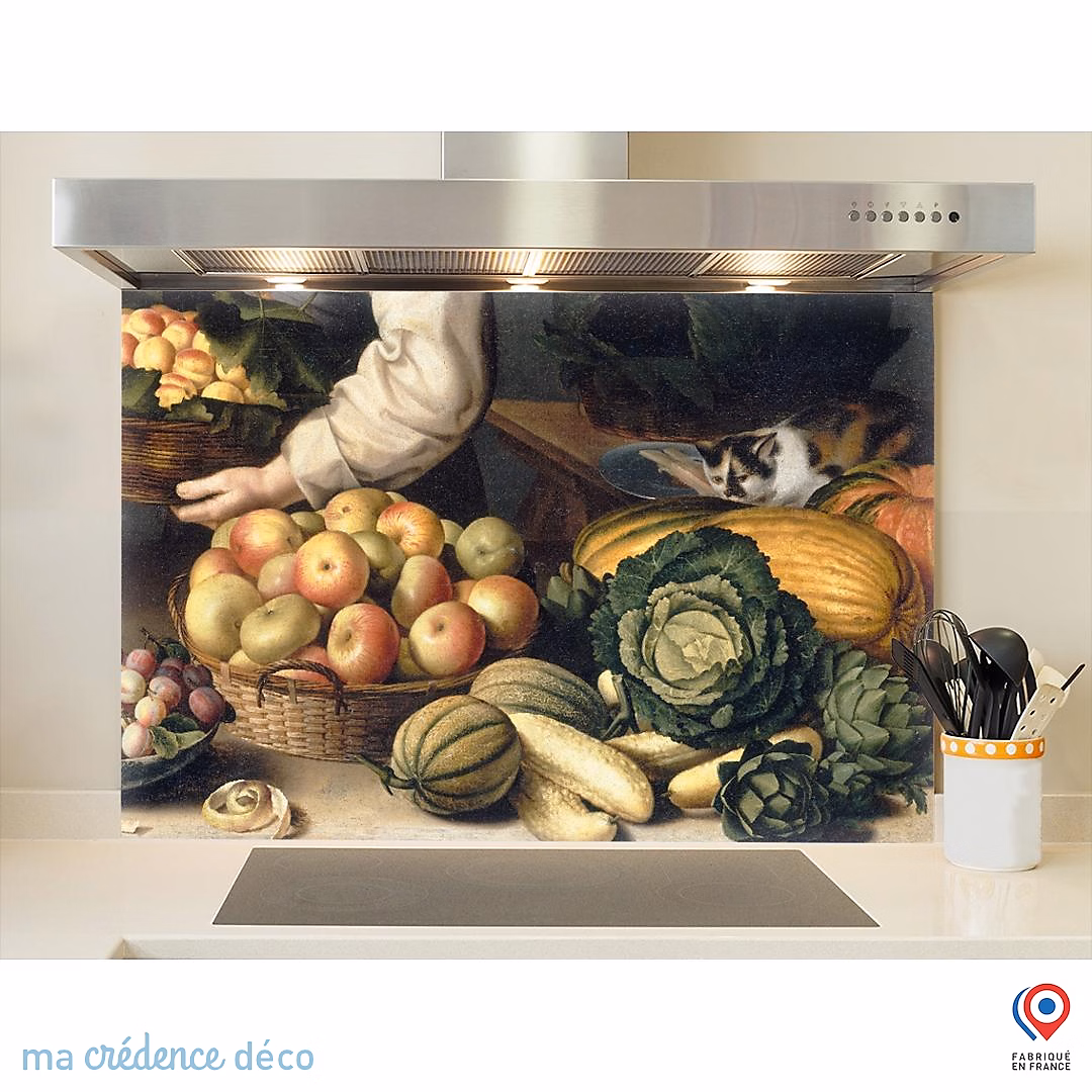 Crédence cuisine fond de hotte Louise Moïllon – La Marchande de fruits et légumes, Verre trempé, L 60 cm x H 45 cm