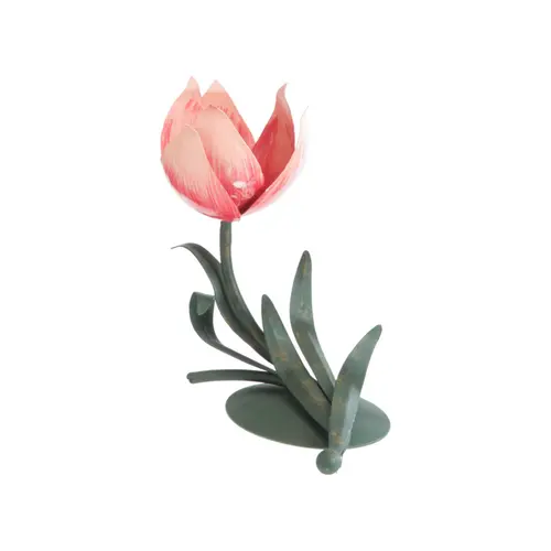 Bougeoir allongé forme fleur en métal vert et rose - 17 x 11 x 17 cm