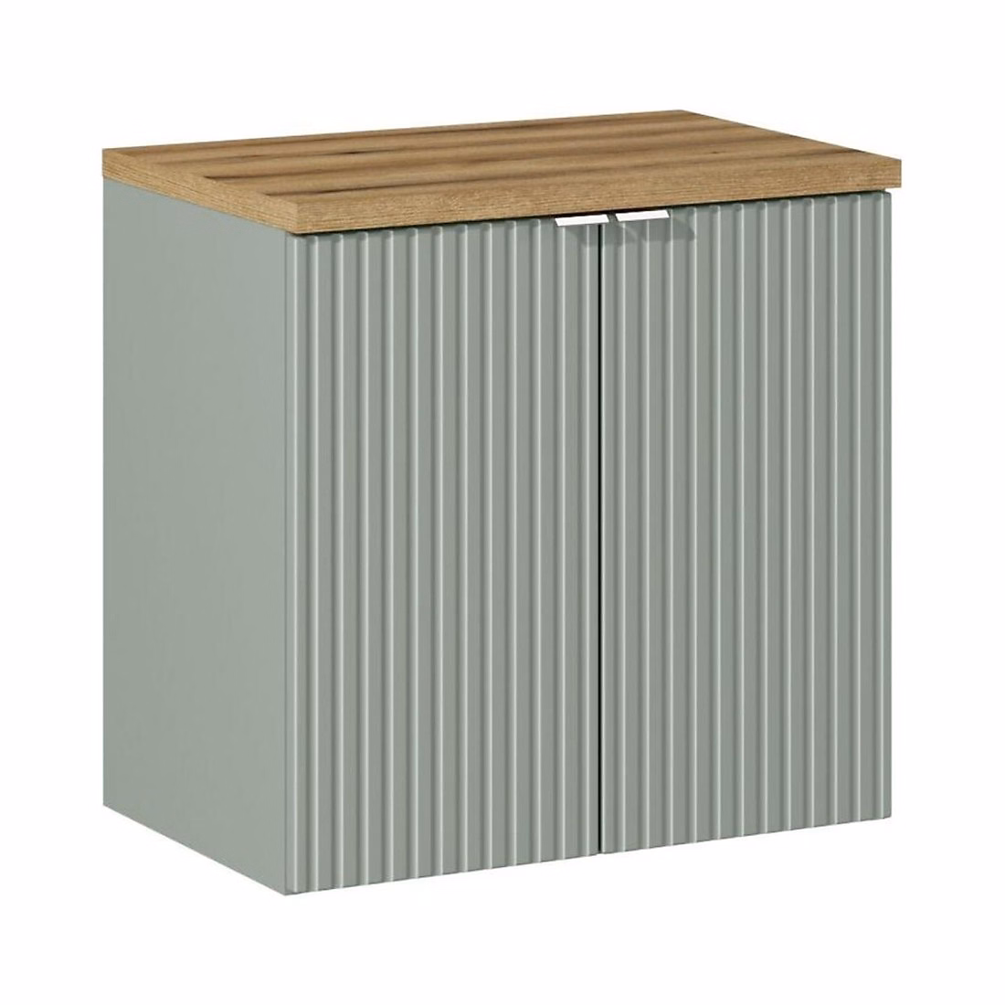 Meuble de salle de bains – Ensemble de salle de bain ELVINA 60cm : meuble sous vasque à placards vert sauge gris et plan pour vasque aspect bois foncé