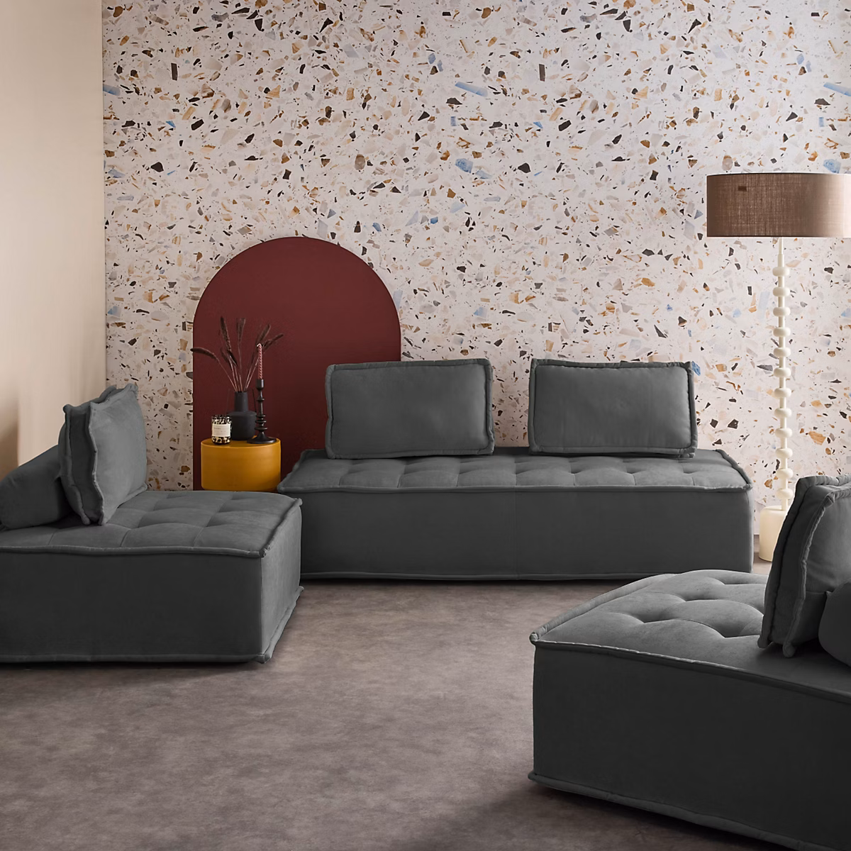 Ensemble chauffeuses DAO pour canapé modulable en tissu capitonné 4 places gris foncé – Réf. CJHCMTOEI9295295607