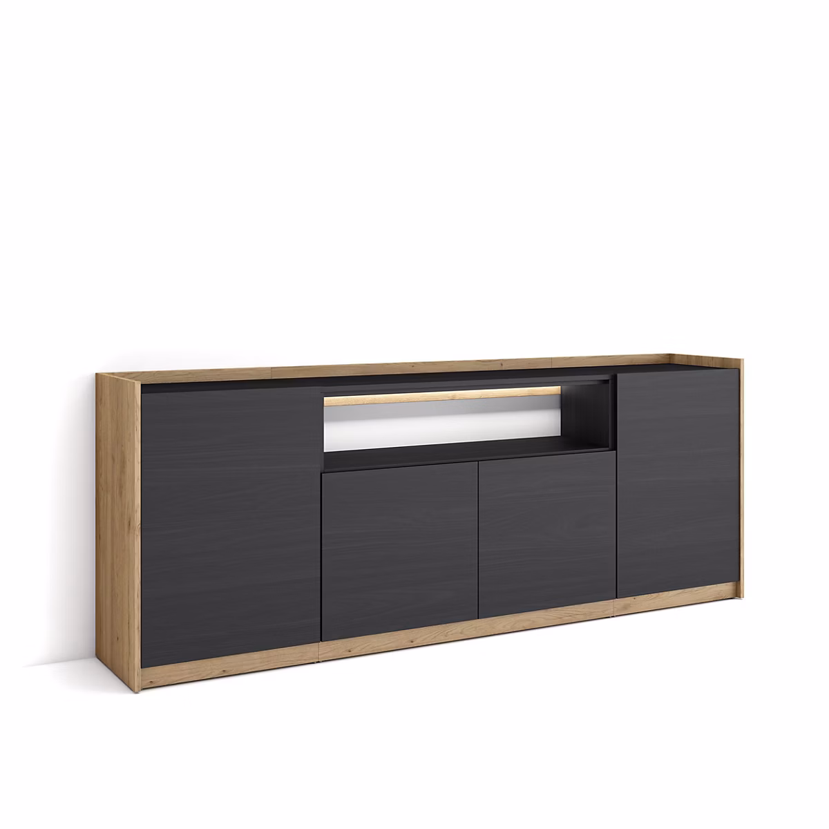 Buffet salon et cuisine – 207 × 80 × 37 cm, 4 Portes, LED, Noir et chêne