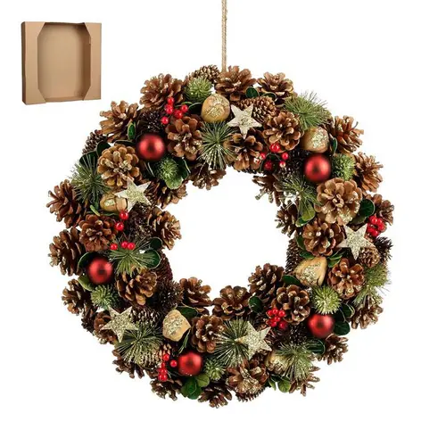 Couronne de sapin, pommes de pin naturelles et décorations colorées Roslyn grand modèle - Ø 45 x H 9 cm
