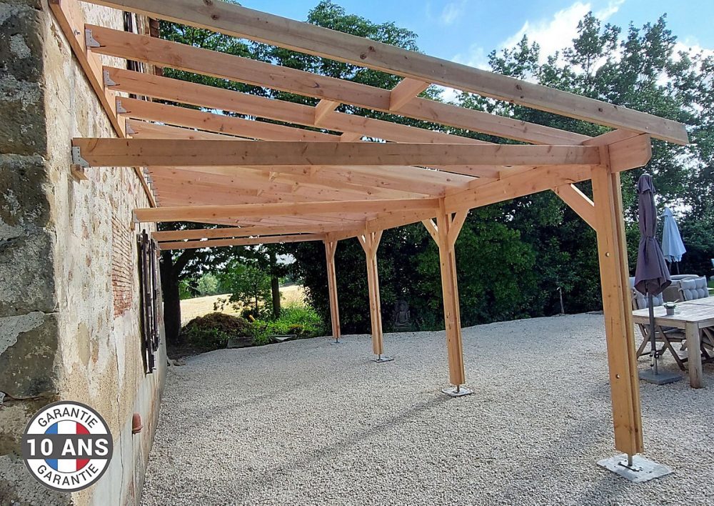 Carport adossé une pente 350cmx1150cm – bois DOUGLAS Français (Charpente en bois-auvent-abri voiture) 41 m². Garantie 10 ans
