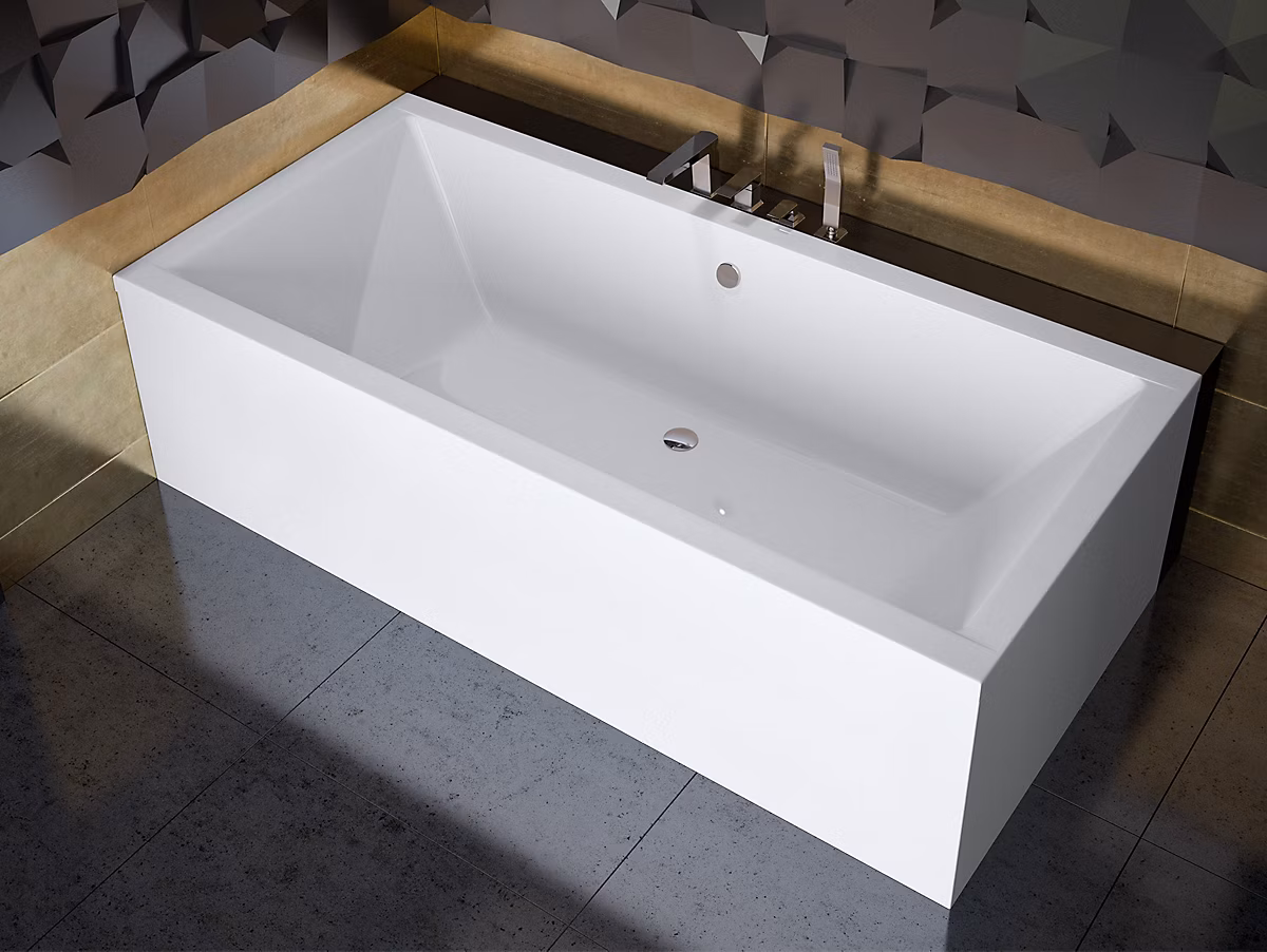 Baignoire rectangulaire 155 × 70 QUADRO acrylique blanc + avec Tablier + Pieds + Vidage à chromé