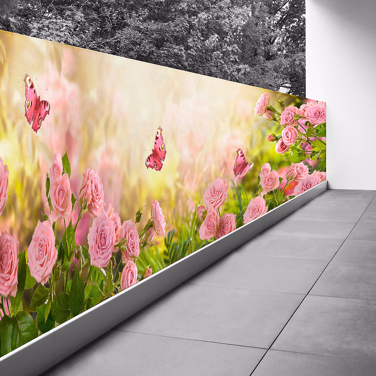 Brise vue Trompe l'oeil – 120 × 360 cm, Fleurs papillons 3617689694764