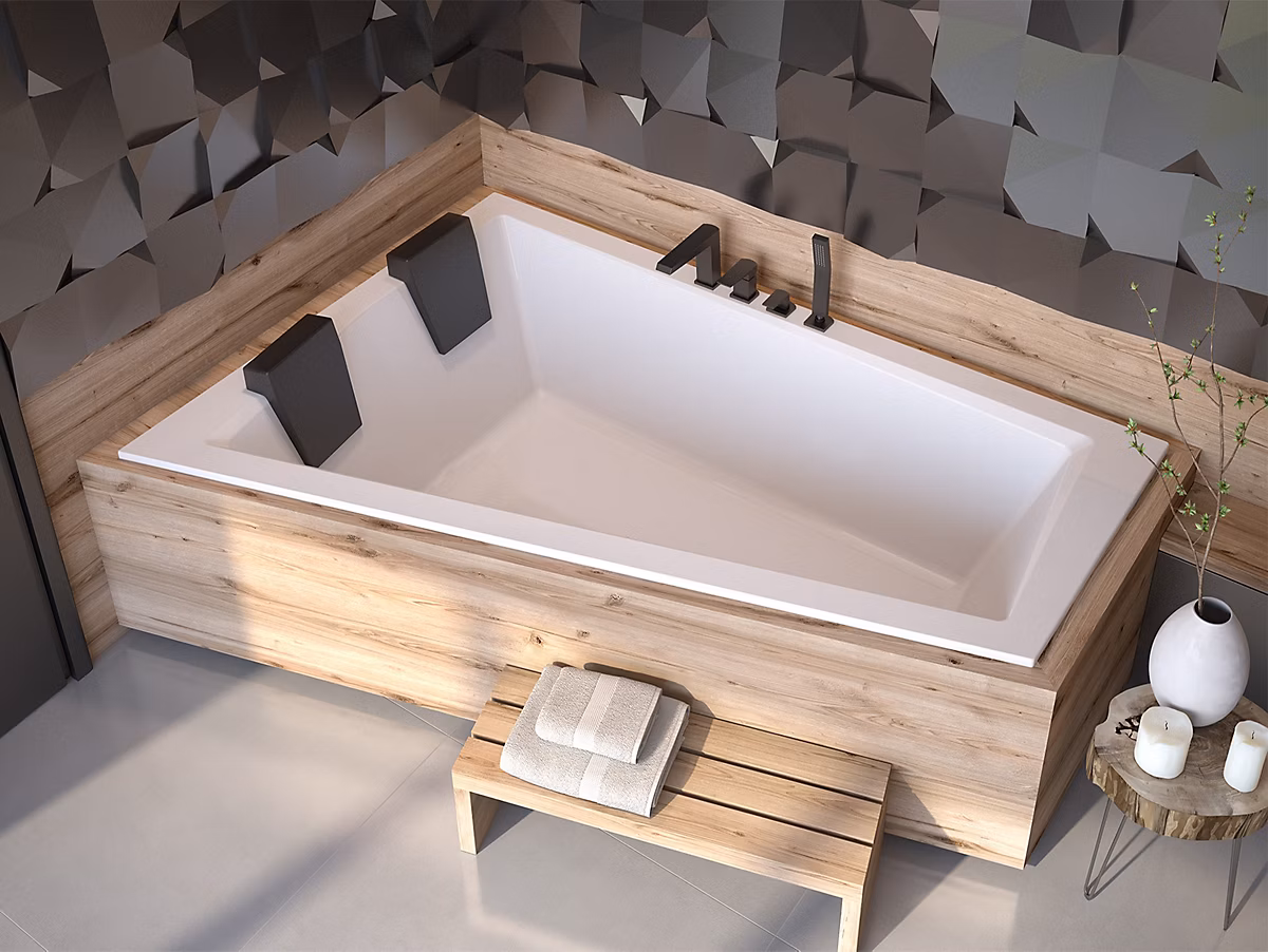 Baignoire asymétrique 180 × 125 Gauche INTIMA SLIM acrylique blanc + Habillage en polystyrène + Repose Tête + Pieds +Vidage à chromé