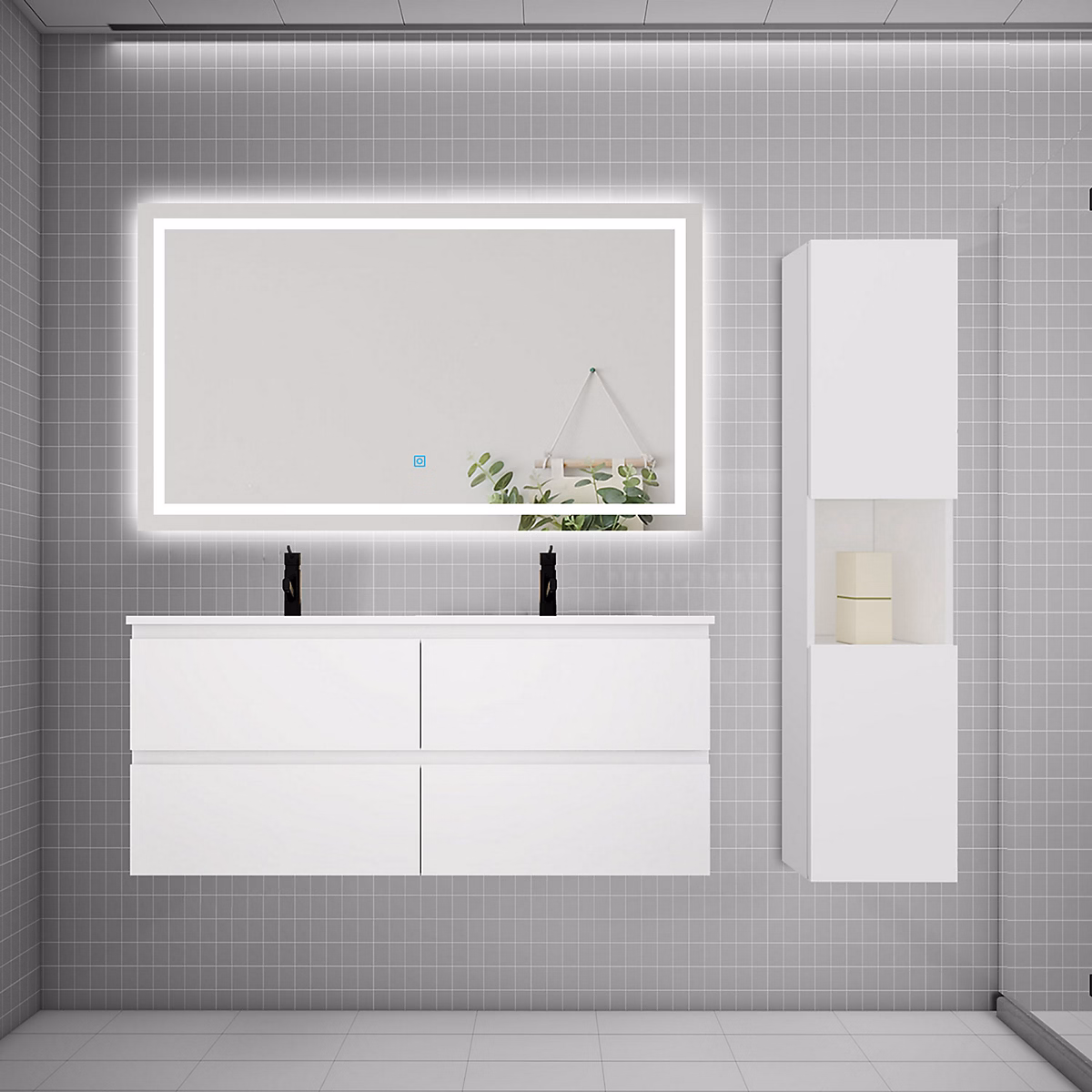 Ensemble meuble 2 vasque L.120cm 4 tiroirs + lavabo + LED miroir + colonne – blanc,design