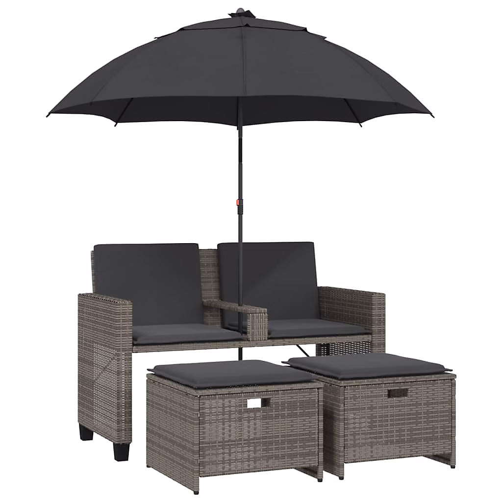 Canapé de jardin 2 places avec parasol et tabourets gris rotin vidaXL – Réf. KJDTHJKZV1340203734