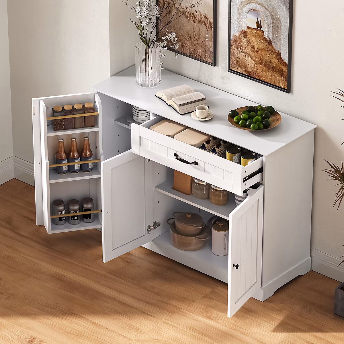 Buffet blanc en MDF avec 3 portes – 1 tiroir et poignées métal noir