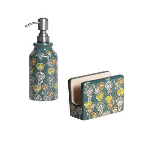 Coffret distributeur de savon et porte-éponge en grès vert à motifs Oliva - les 2 pièces