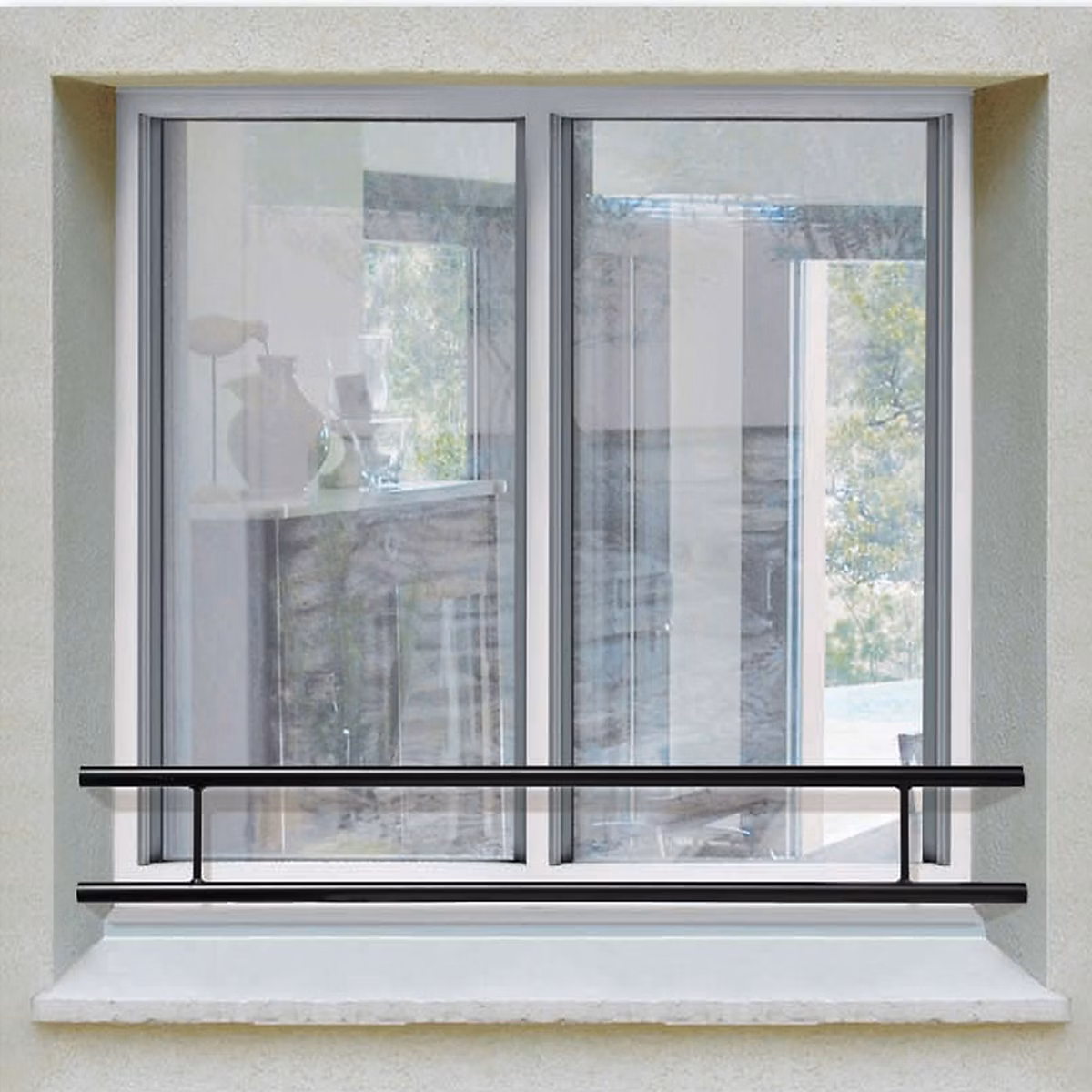 Barre d appui 2 lisses pour fenêtre 100 cm cote tableau – acier rond d40 mm, prépeinte noir, fixation par scellement