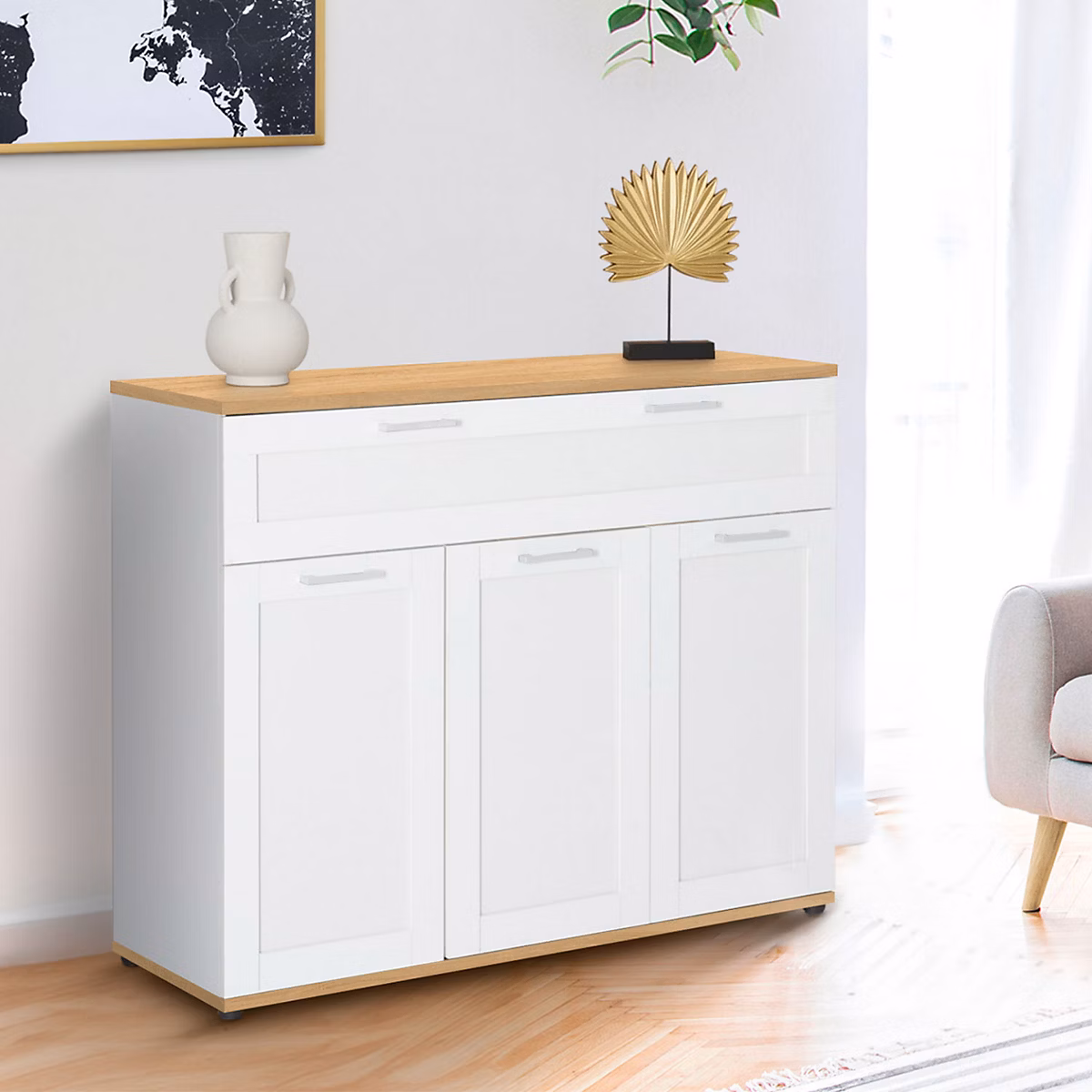 Meuble – Buffet 100 cm VITO 3 portes et 1 tiroir blanc et plateau bois