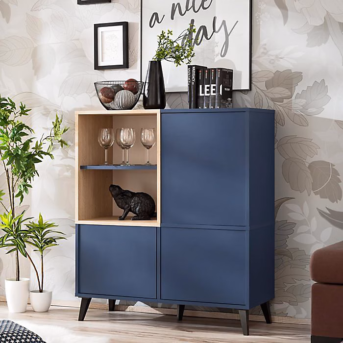 Buffet Bas Komodee FONDI – Style Scandinave, Bleu, Bois Clair, 90 × 35 × 102 cm