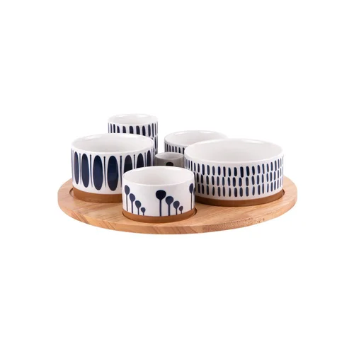 Service apéritif en porcelaine multicolore Mikonos - 1 Plateau en bois et 6 coupelles