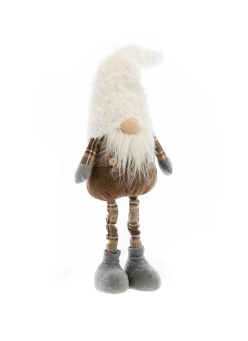 Gnome télescopique en tissu beige avec bonnet blanc - 23 x 13 x 72 cm