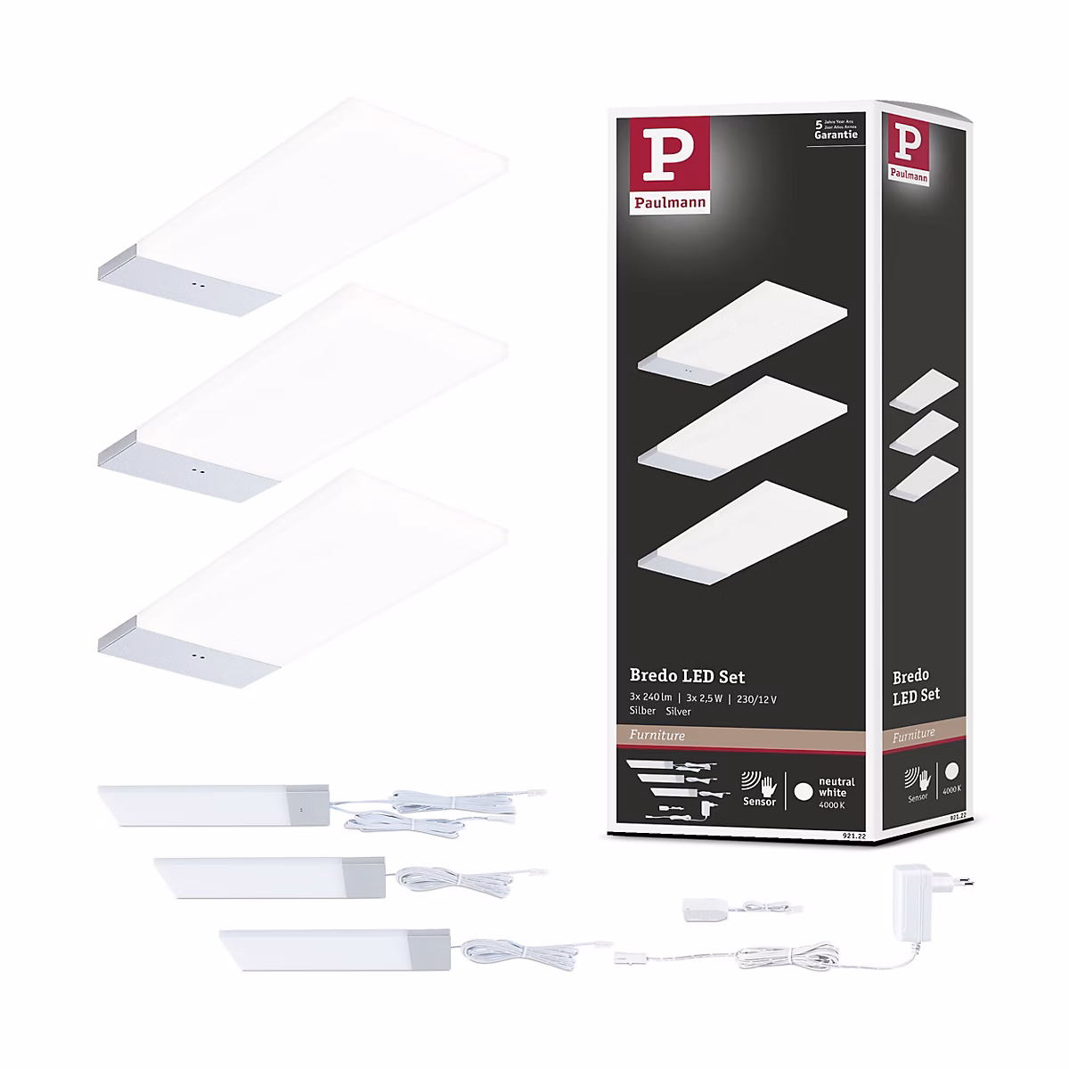 Éclairage sous – meubles LED Bredo Détecteur de proximité Kit de 3 3x2 | 5W 80 × 190 mm 3x180lm 230/12V Argent