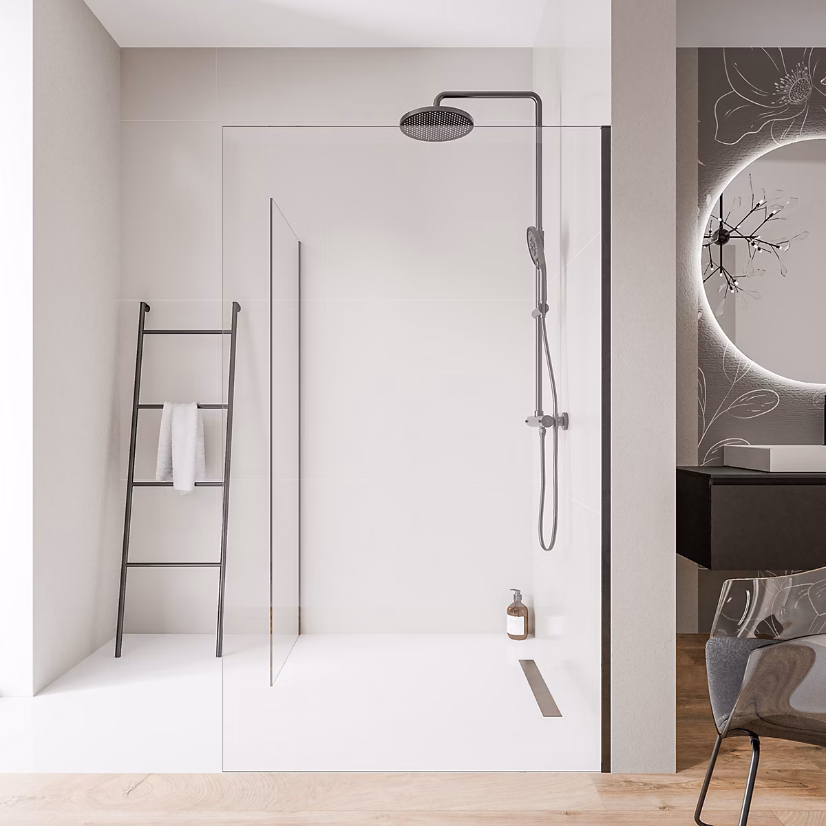 2 Parois de douche italienne d'angle 100 × 200cm + 80cm – verre NANO 10mm, profilé mural inox noir mat, sans profilé sol, EX102