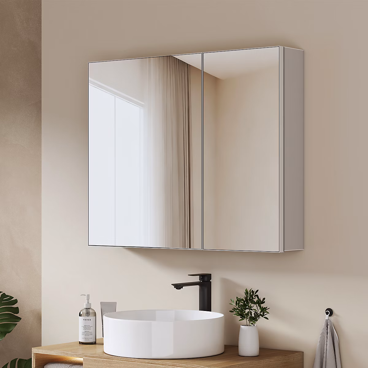EMKE Armoire de toilette 2 portes 65 × 80 cm blanche – miroir avec rangement intégré, tablettes en verre réglables