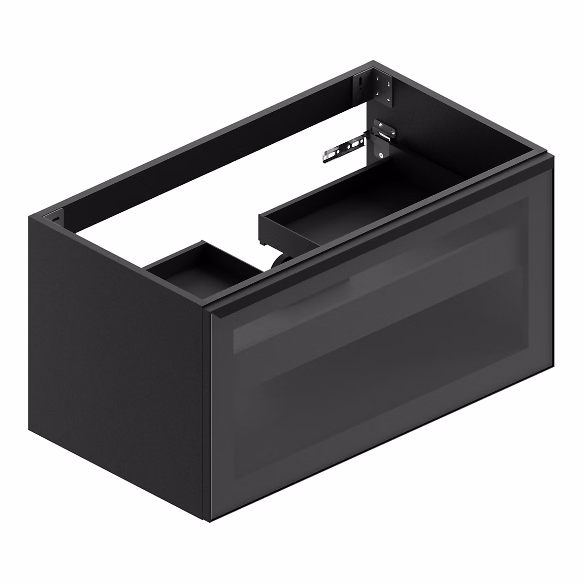 Meuble sous vasque suspendu l.90 x H.46 – 5 x P.50 | 5 cm | noir mat et verre fumé | évacuation centrale | Pura+