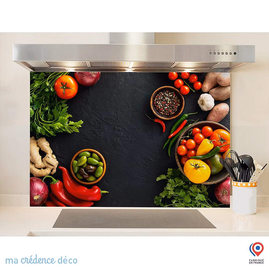Crédence cuisine fond de hotte Légumes sur ardoise – Alu composite | L 90 cm x H 50 cm | MaCrédenceDéco