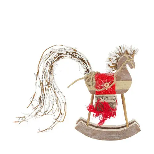 Figurine cheval à bascule en bois gris avec tapis rouge - 40 x 7 x 27 cm