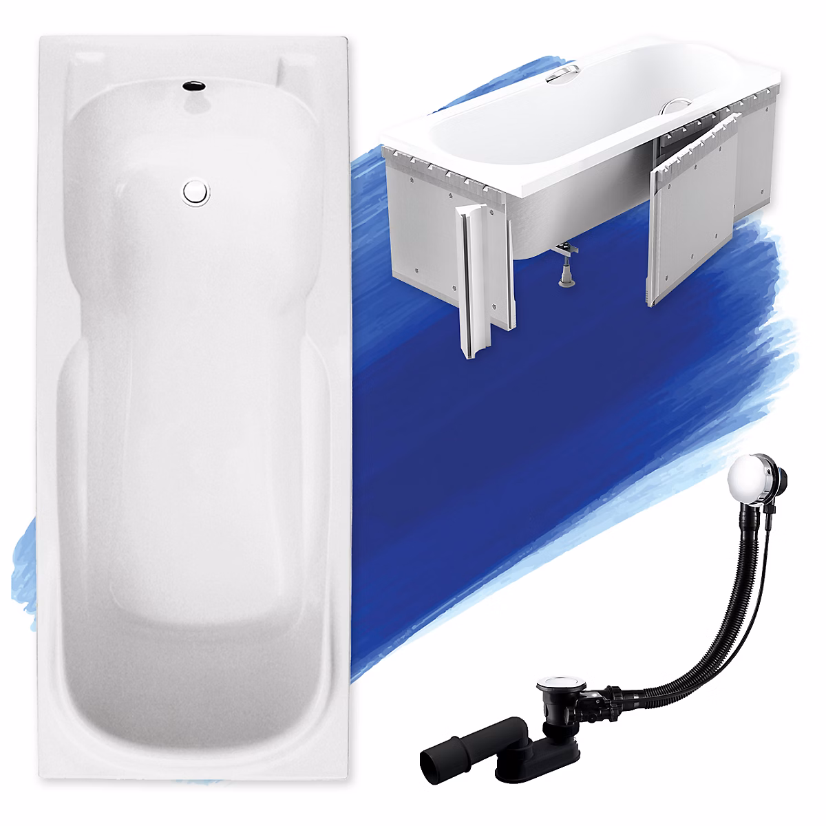 Baignoire rectangulaire 160 x 70 MAJKA acrylique blanc + Habillage en polystyrène + Pieds + Vidage à chromé | Baignoire