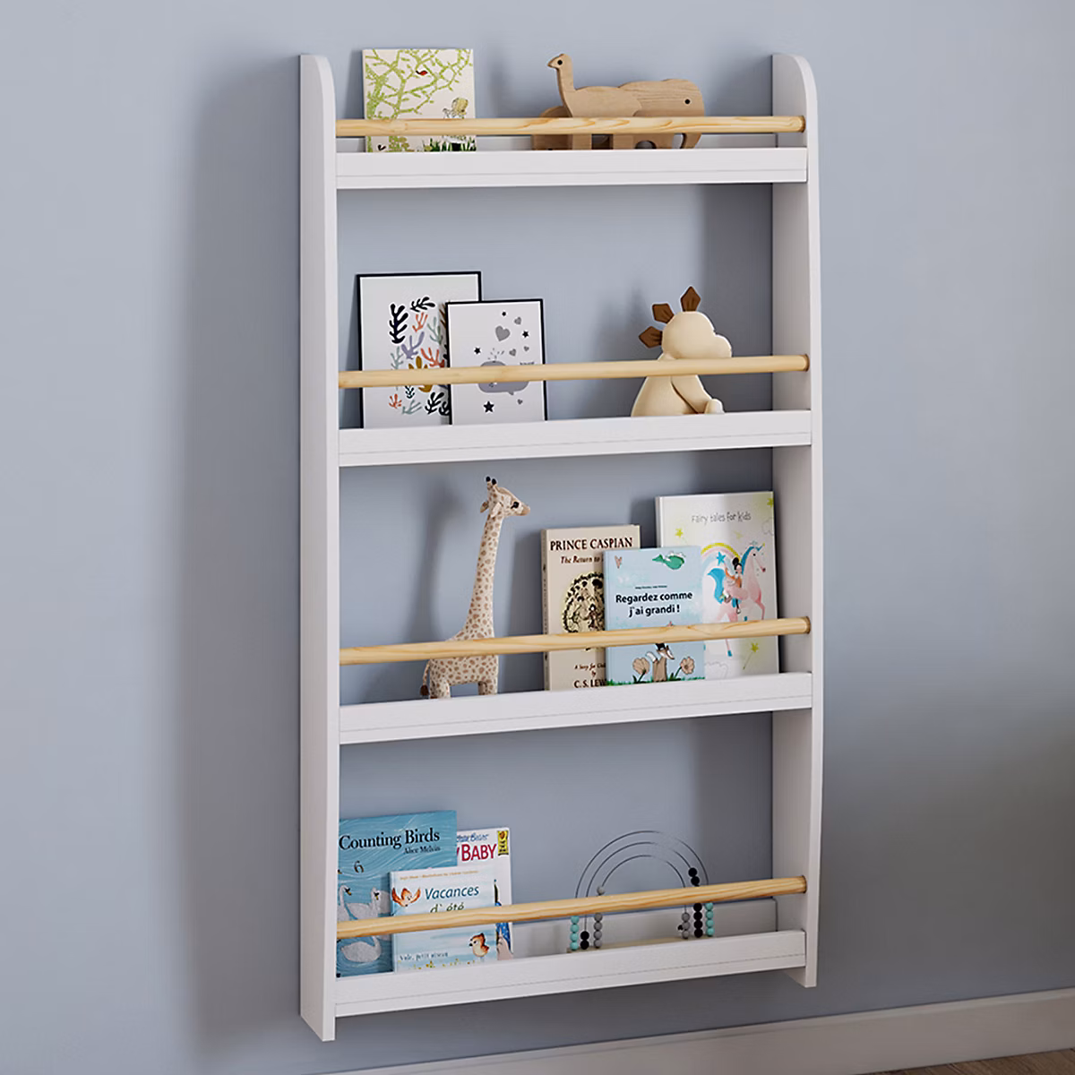 Meuble de chambre – Bibliothèque murale enfant PAULETTE 4 étagères blanc et bois