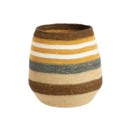Panière ovale rayée en osier marron, bleu, jaune et blanc - 26 x 26 x 27 cm