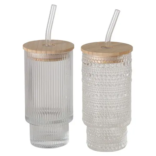 Gobelet nomade en verre transparent avec couvercle et paille Balona - Ø 7,4 x H 18,8 cm