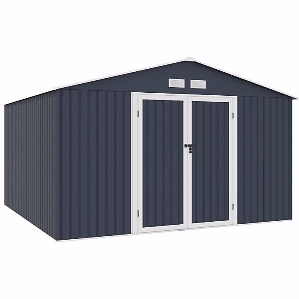 Abri de jardin en métal 10 – 85 m2, 340 x 319 x 210, LUNEX, Kit d'ancrage inclus, 2 portes battantes, Gris