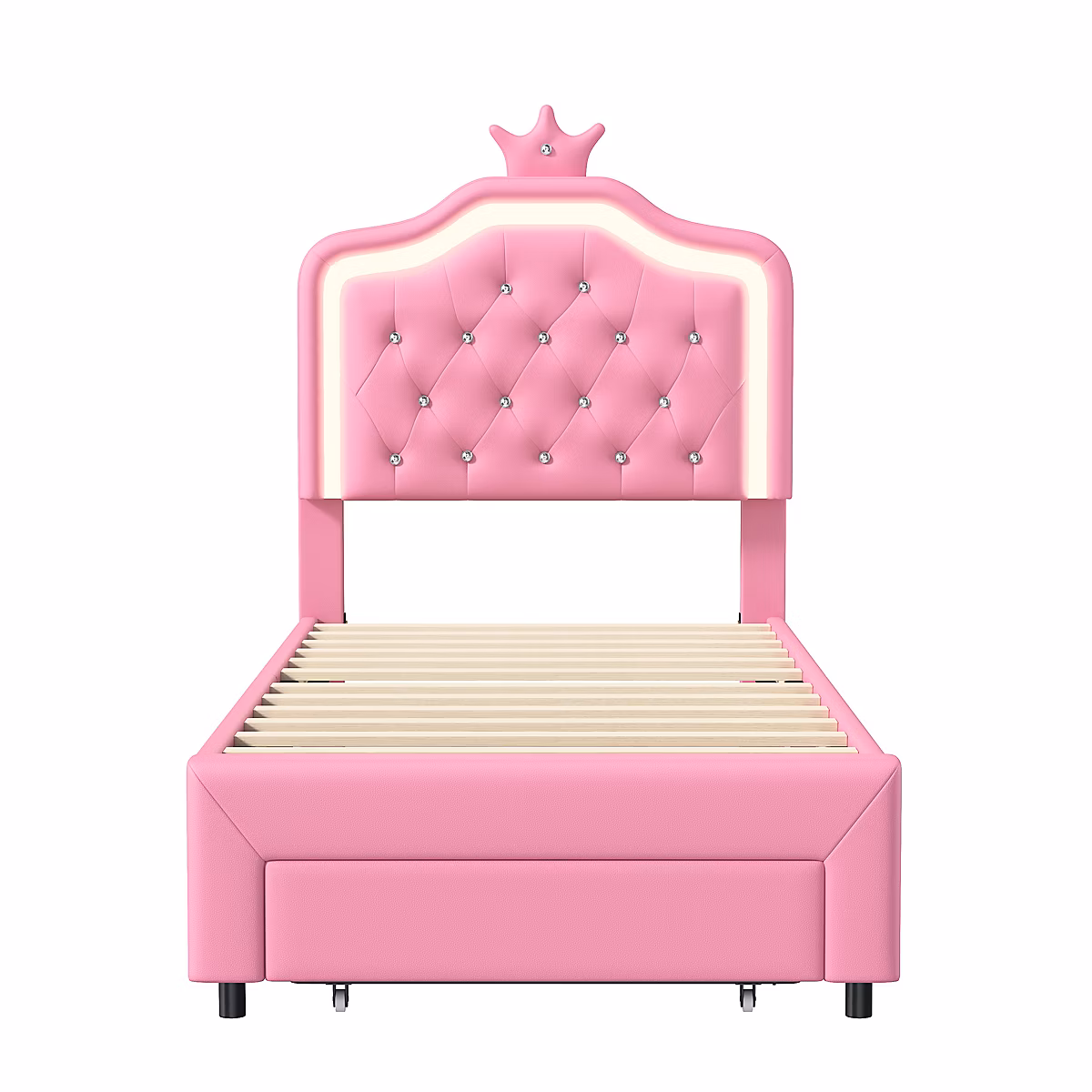Cadre De Lit Crown 90 × 200 Cm Avec Éclairage LED Et Tête De Lit Réglable – Avec Tiroirs,rose