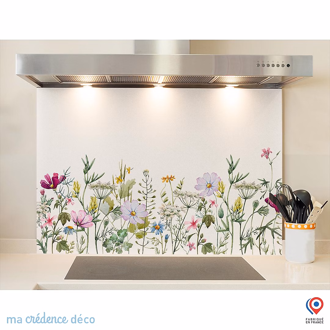 Crédence cuisine fond de hotte Dessin fleurs et aquarelle 2 – Verre trempé | L 60 cm x H 45 cm | MaCrédenceDéco