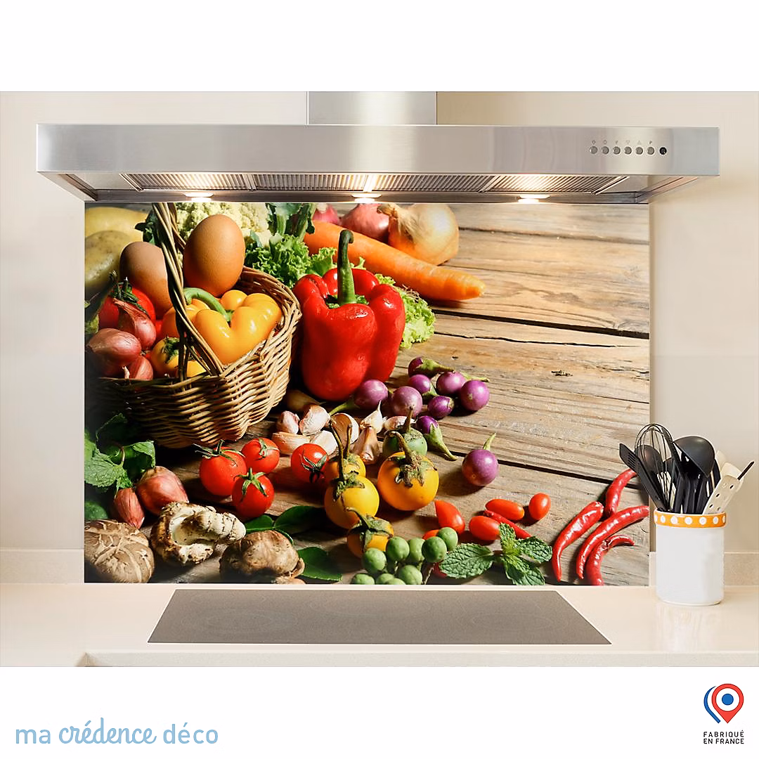Crédence cuisine fond de hotte Légumes et panier – Verre trempé, L 60 cm x H 45 cm, MaCrédenceDéco