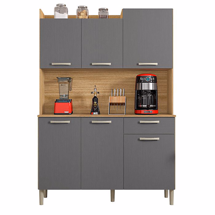 Buffet de Cuisine – GENOVA, Imitation Chêne et Gris, 6 Portes, 1 Tiroir, 121.5 cm