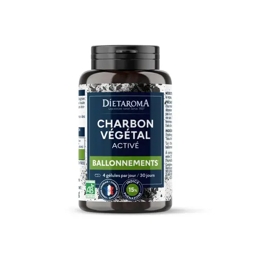Complément alimentaire contre les ballonnements Charbon actif végétal bio Dietorama – 120 gélules