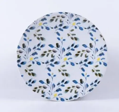 Assiette à dessert en grès à motif végétal bleu et vert Althéa - Ø 21 cm