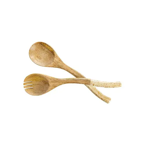 Ensemble de 2 couverts en bois de manguier décor moucheté crème et or - 26 x 6 x 1,2 cm