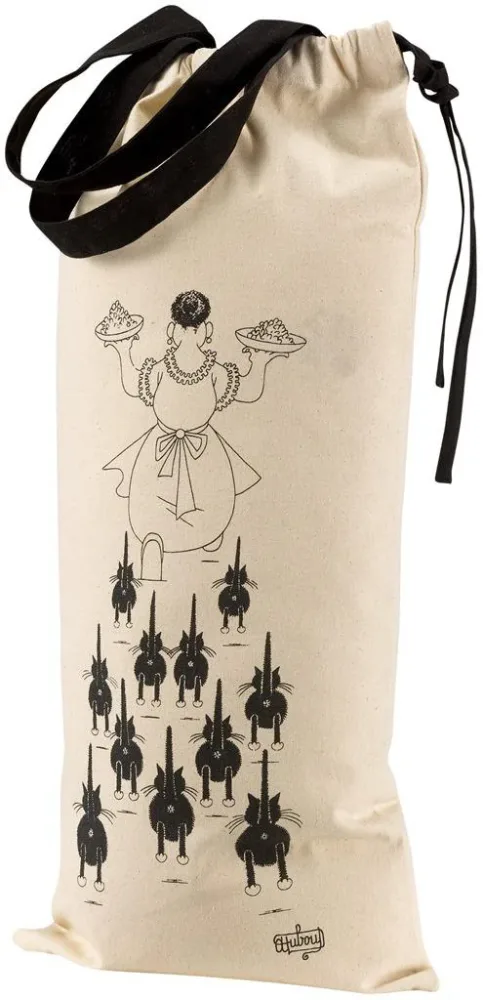Sac à pain en coton beige motif chat Dubout à table - 27 x 59 cm