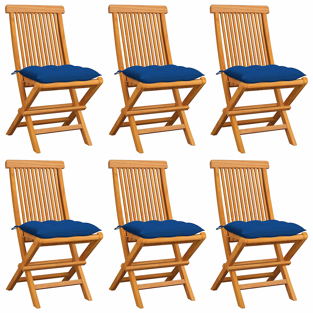 Chaises pliantes avec coussins bleus – 6 pièces, en teck massif vidaXL